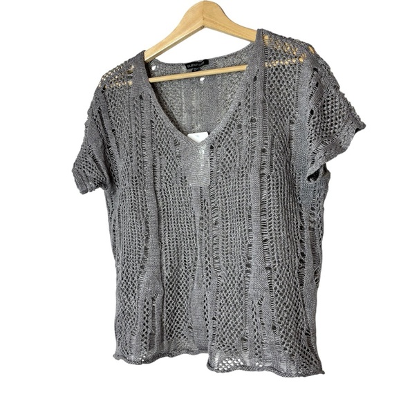 Eileen Fisher Gray Linen Metallic Blend Open Knit V-Neck Short Sleeve Top XS NWT - Picture 8 of 8